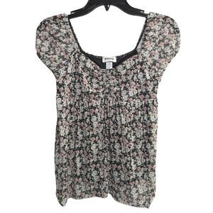 RSQ Tillys girls XL black pink white floral mesh layered babydoll top shirt